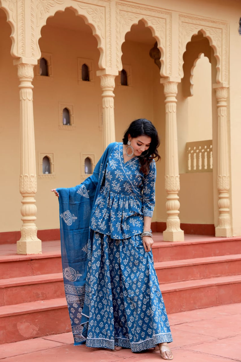 Sky Blue Hand Block Printed Peplum Kurti Skirt Set