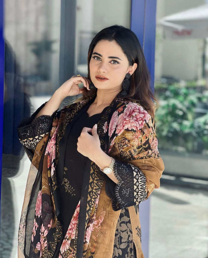 Black & Bronze Floral Printed Luxury Lawn Suit with Velvet Touch Dupatta