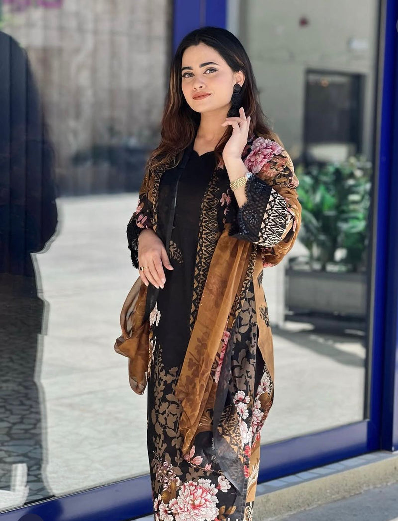 Black & Bronze Floral Printed Luxury Lawn Suit with Velvet Touch Dupatta