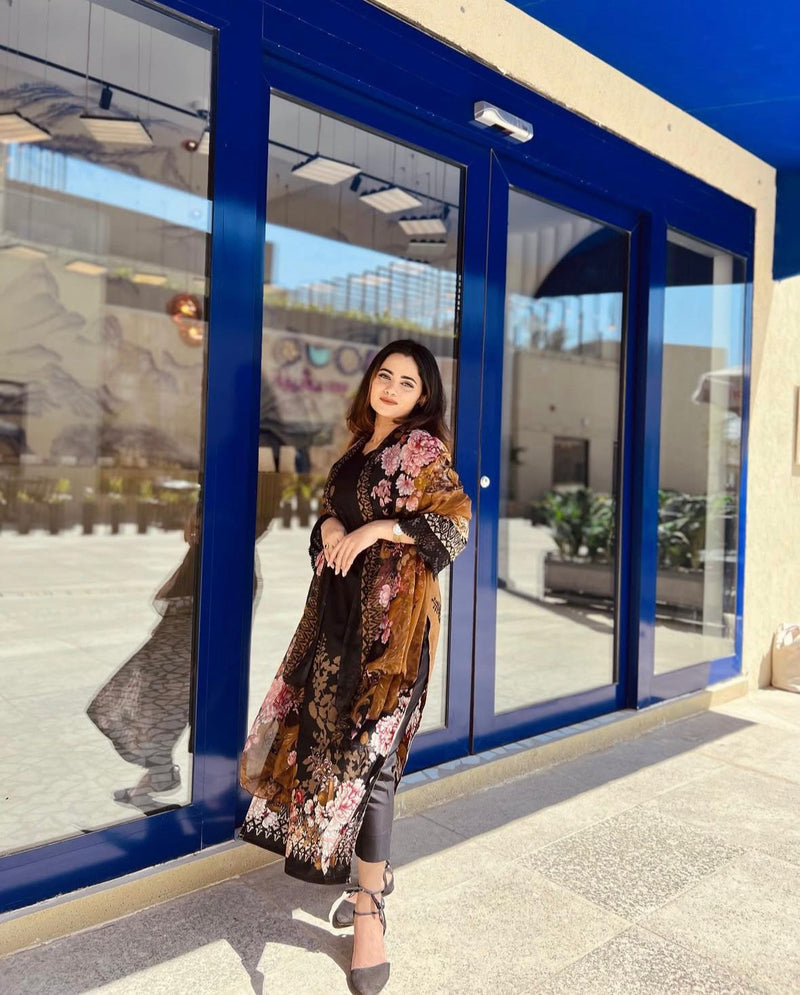 Black & Bronze Floral Printed Luxury Lawn Suit with Velvet Touch Dupatta