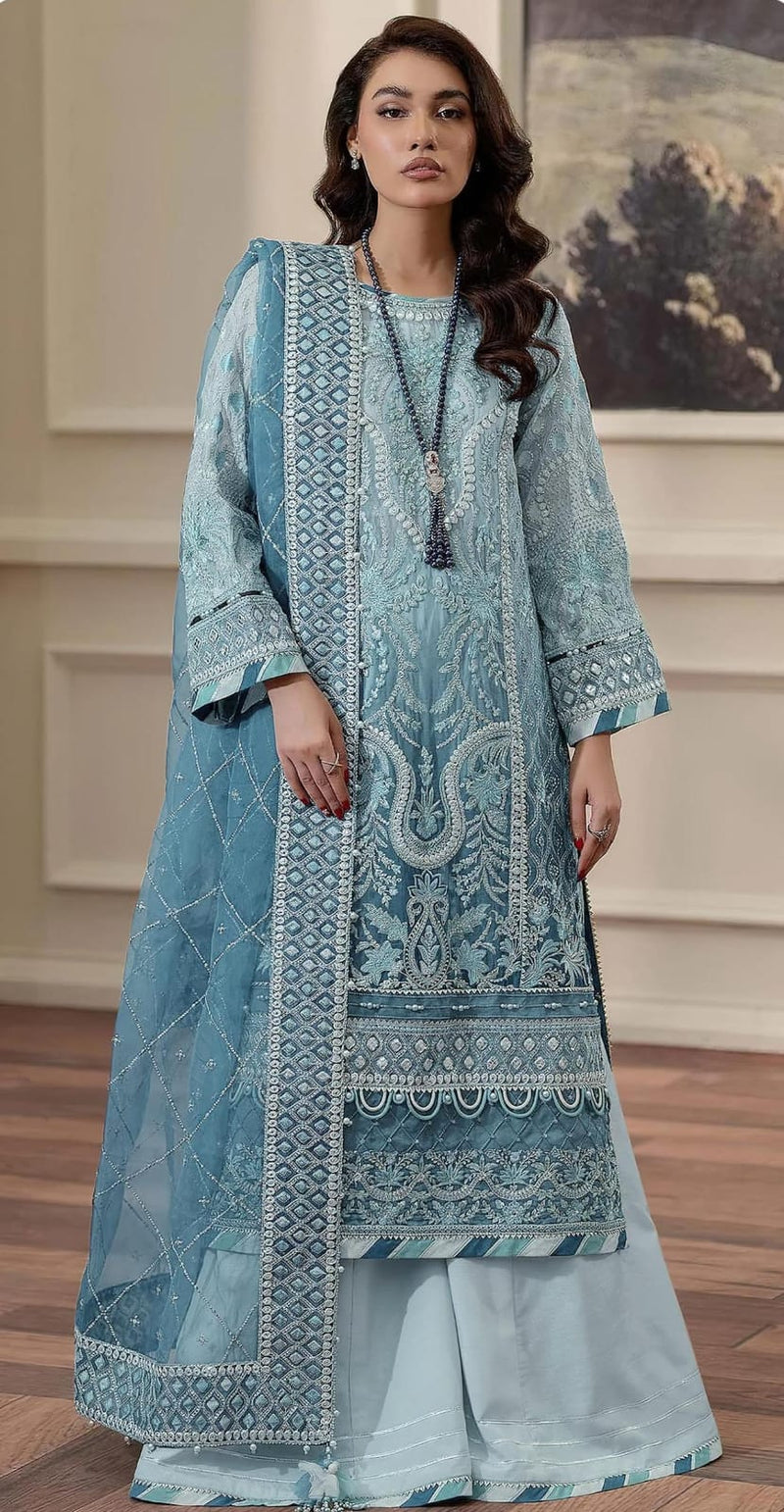 Icy Blue Embroidered Net Kurti Set with Organza Dupatta & Silk Bottom