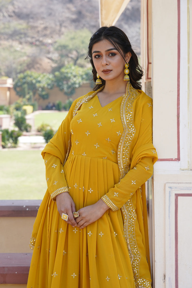 Radiant Mustard Yellow Mirror Work Anarkali Set with Dupatta