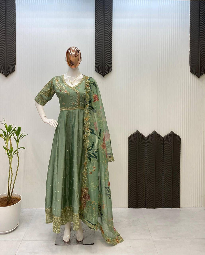 Olive Green Embroidered Anarkali Set with Digital Printed Dupatta