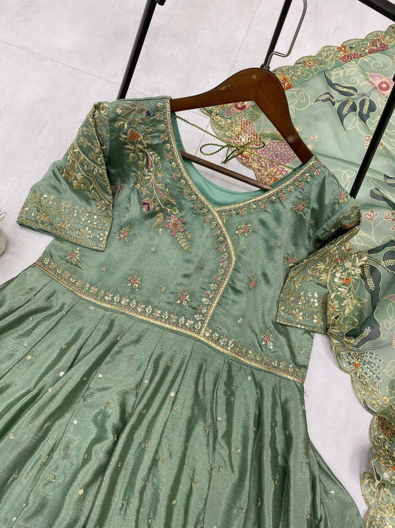 Olive Green Embroidered Anarkali Set with Digital Printed Dupatta