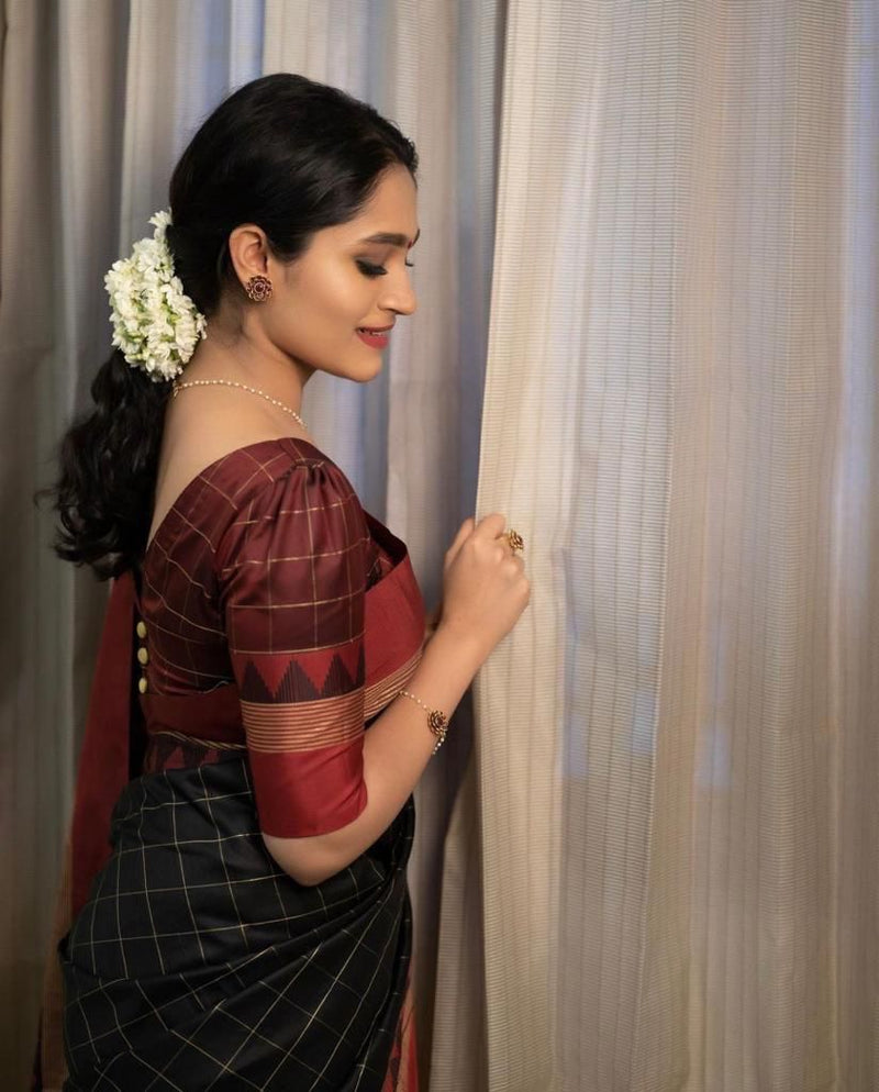 Black and Maroon Checked Silk Saree with Contrast Border