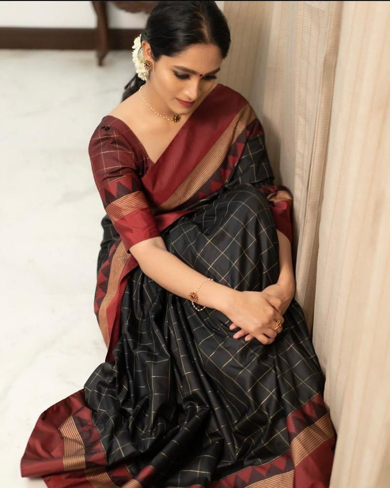 Black and Maroon Checked Silk Saree with Contrast Border