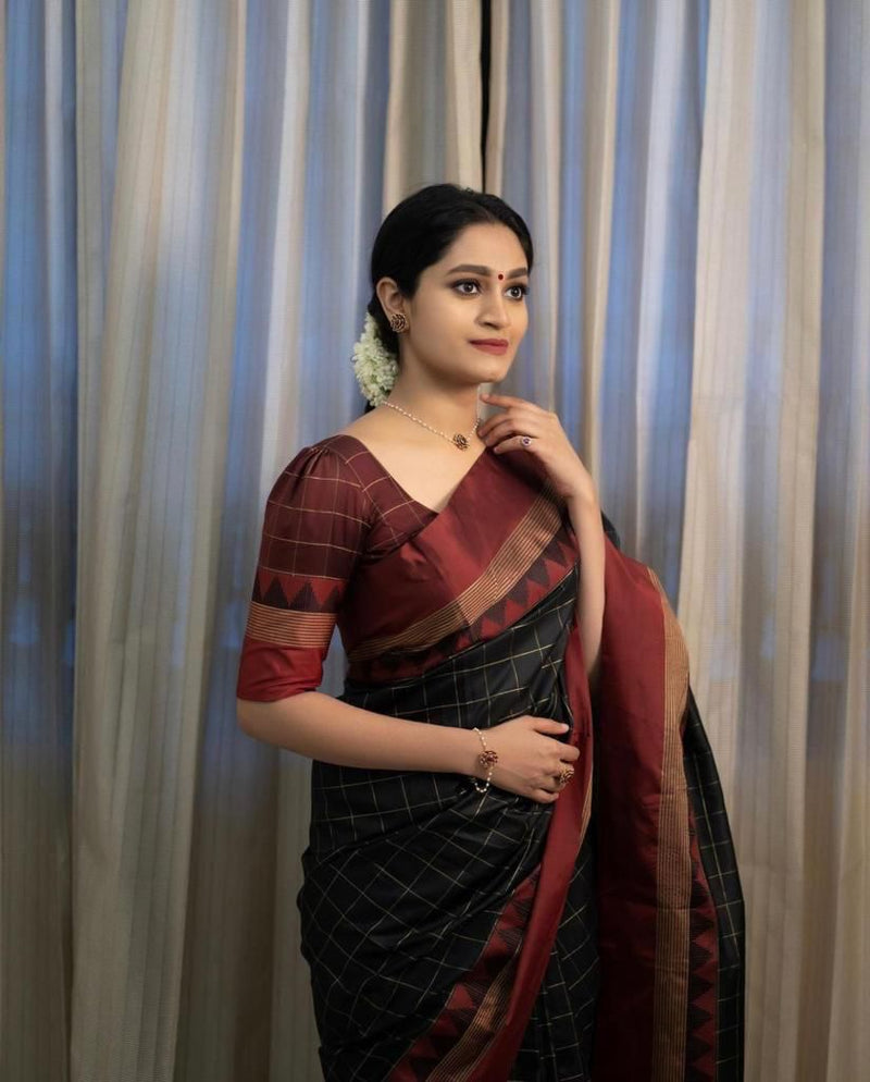 Black and Maroon Checked Silk Saree with Contrast Border