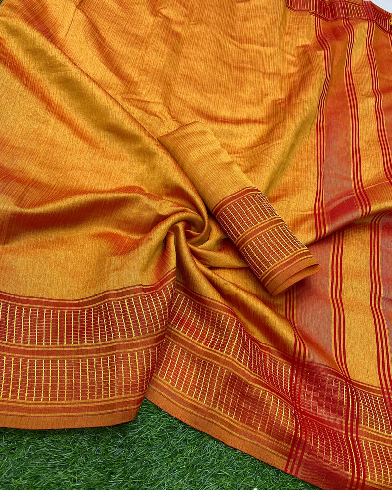 Mustard Yellow Handloom Cotton Saree with Red Zari Striped Border