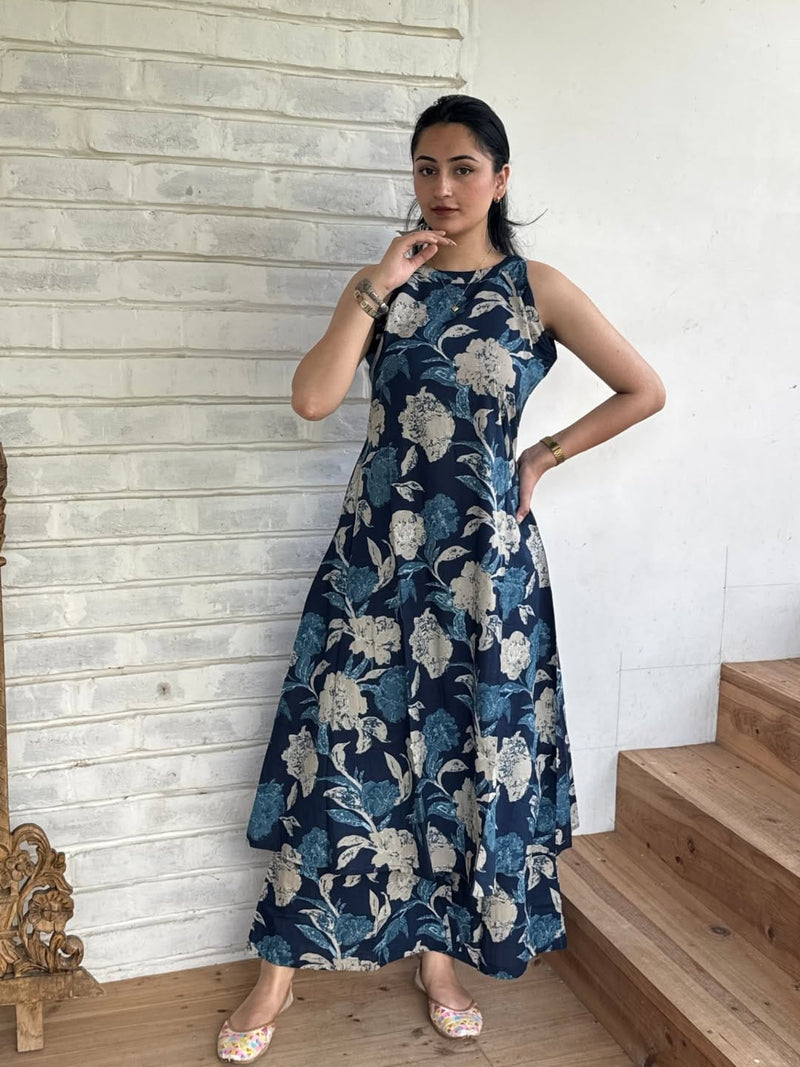 Navy Blue Floral Cotton Co-Ord Set with Layered Flare