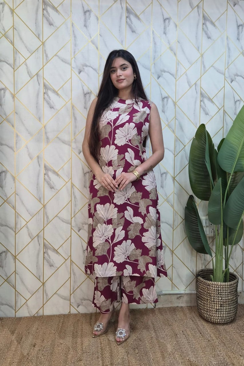 Maroon Floral Cotton Co-Ord Set with Sleeveless Kurta