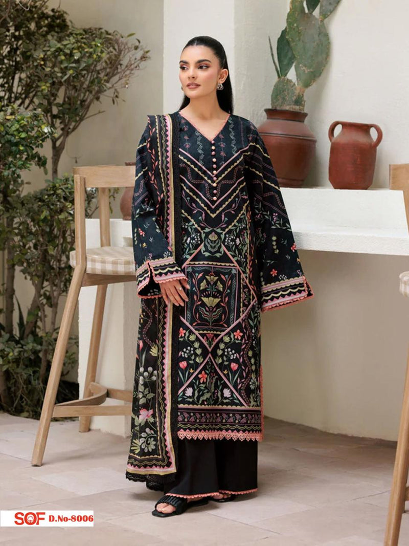 Black Printed Cotton Kurti Set with Intricate Floral Patterns & Dupatta