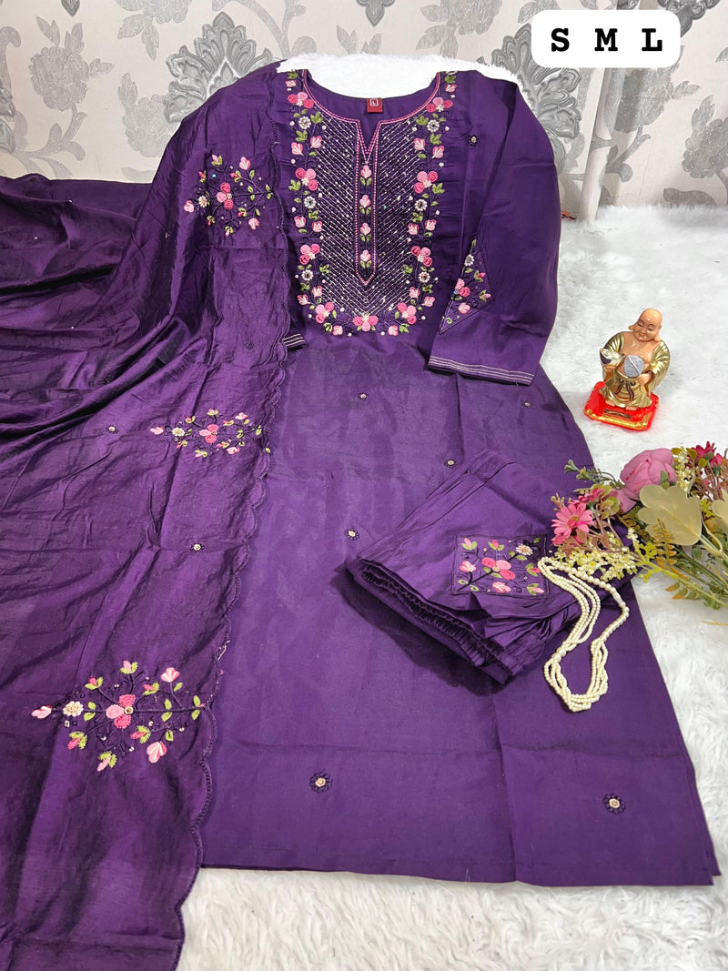 Royal Purple Floral Embroidered Kurti Set with Matching Dupatta & Pants