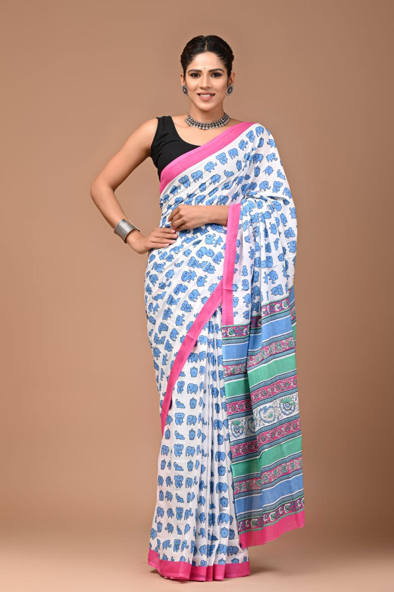 White & Blue Elephant Print Cotton Saree with Multicolor Border