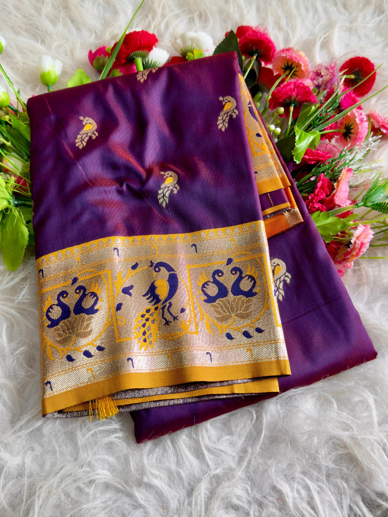 Purple Silk Saree with Golden Zari Border & Peacock Motifs