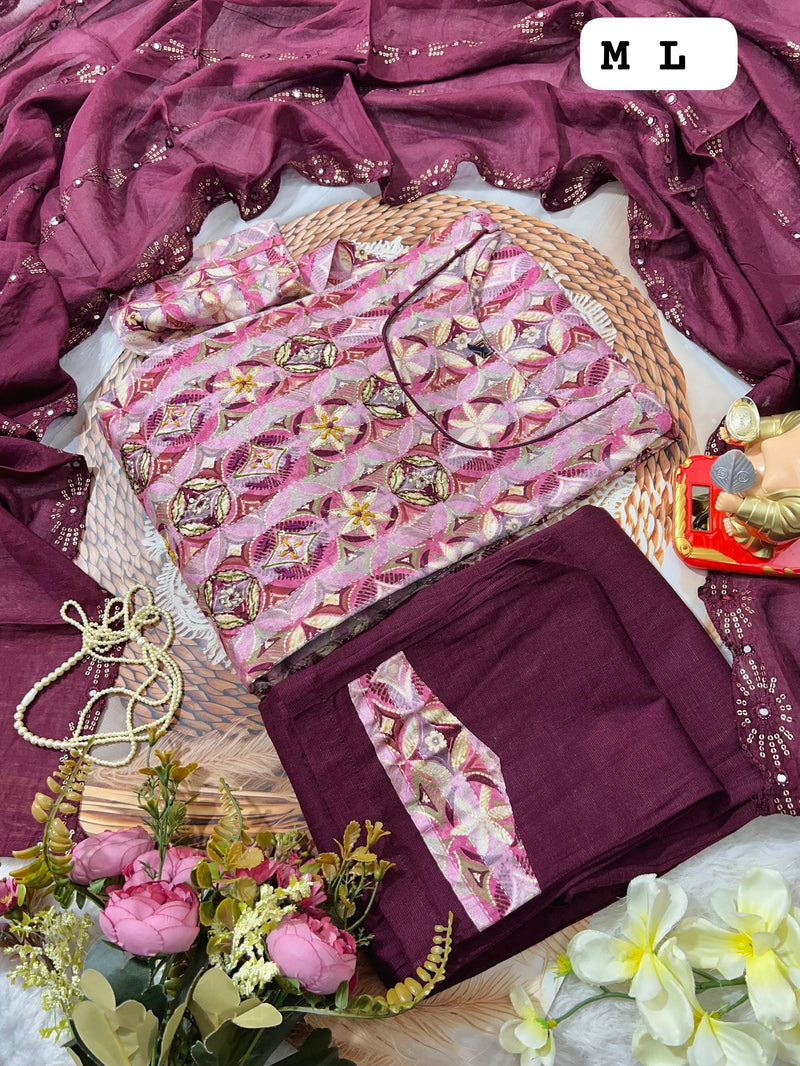 Wine & Pink Geometric Embroidered Kurti Set with Mirror Work Dupatta