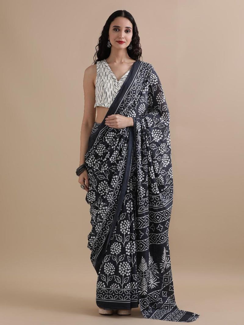 Black & White Handblock Cotton Saree with Ethnic Floral Motifs