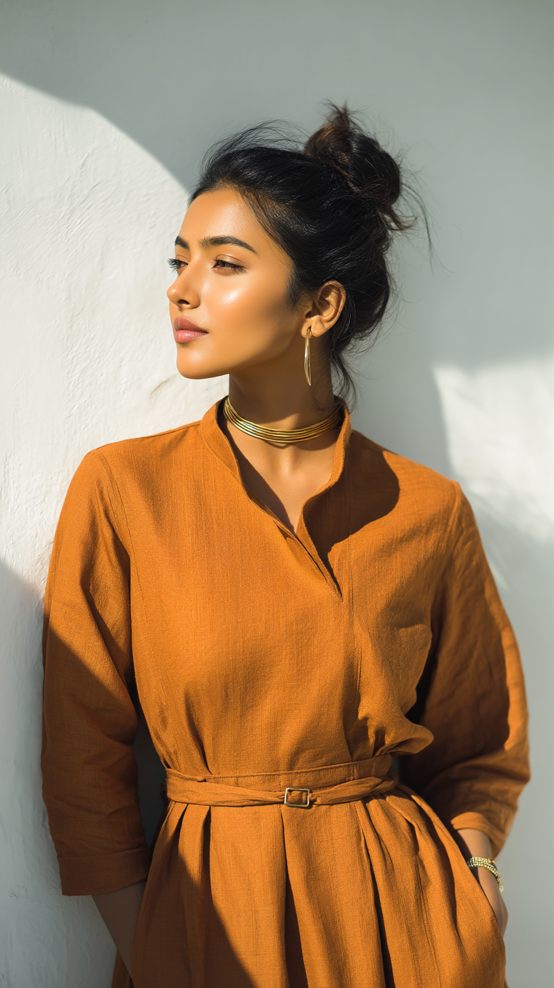 Women's Dress - Rust Orange Solid Linen Blend