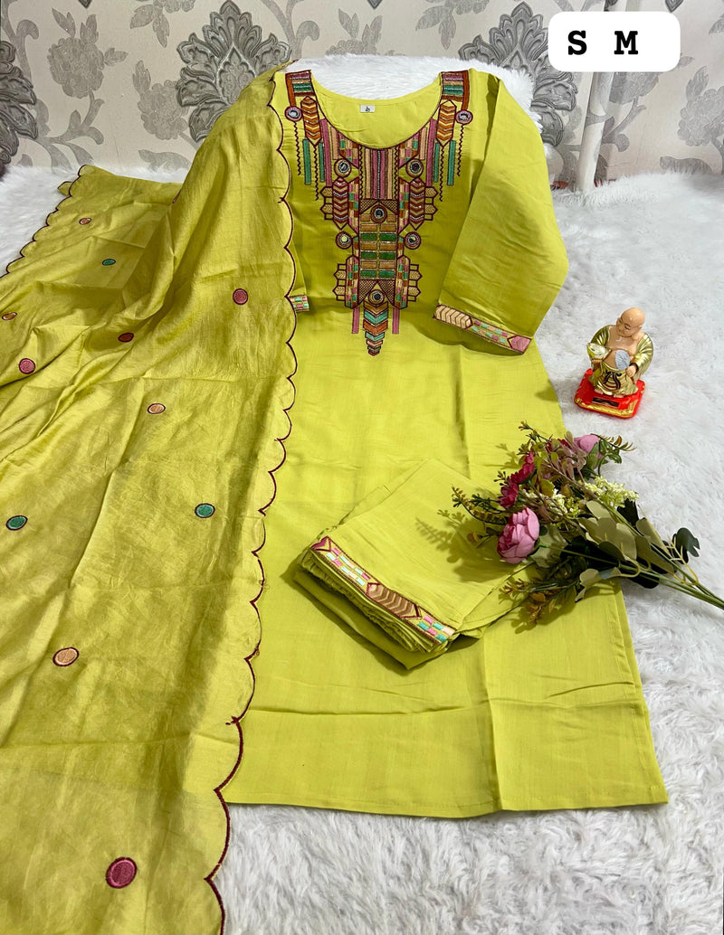 Lime Green Embroidered Kurti Set with Scallop Dupatta