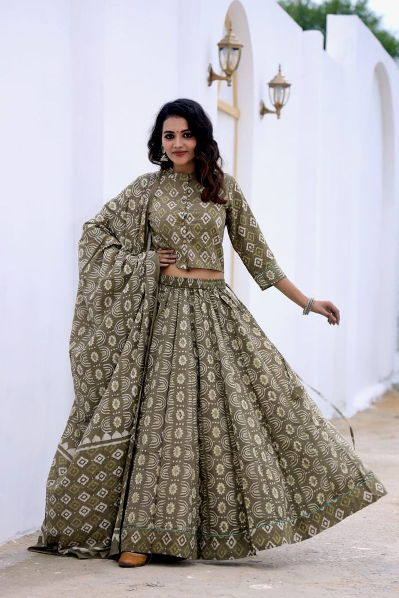 Olive Hand Block Printed Kurti Skirt Dupatta Set