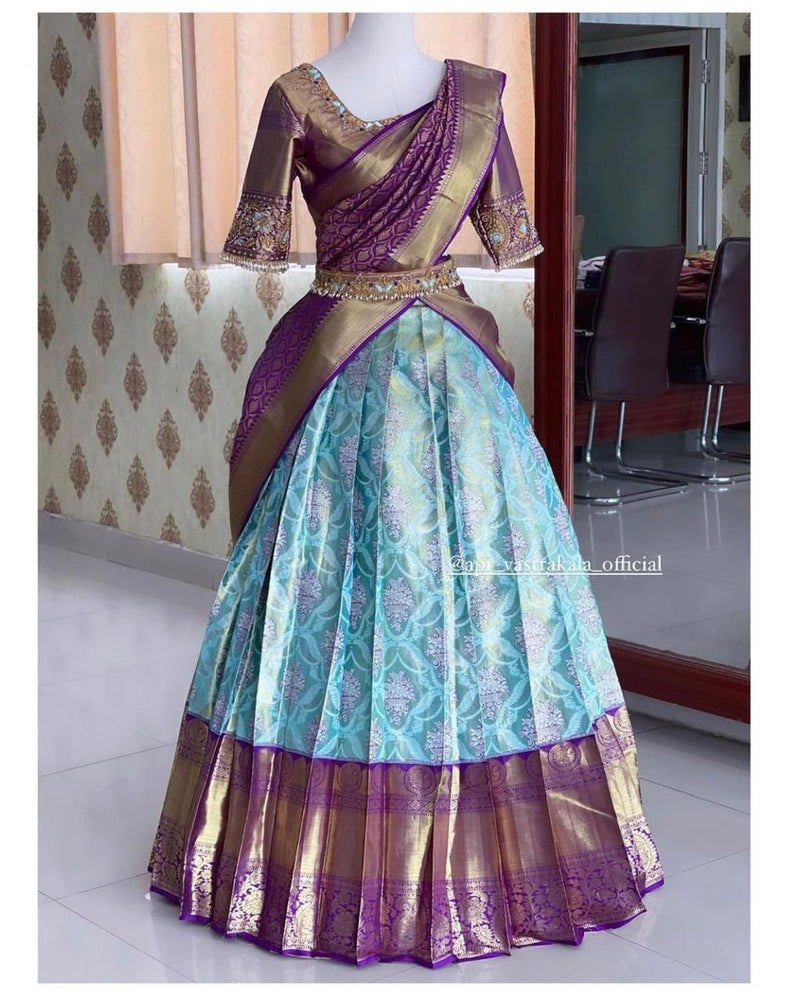 Royal Purple & Sky Blue Kanjivaram Silk Half Saree with Golden Zari Detailing