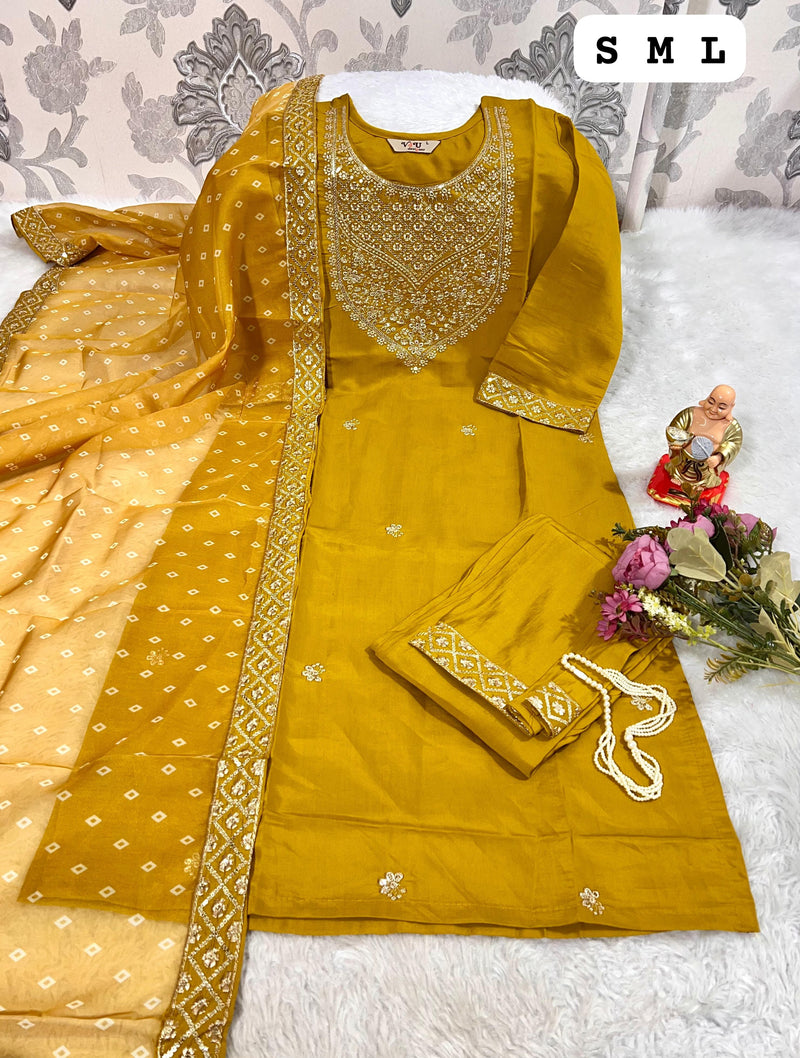 Mustard Yellow Mirror-Embroidered Kurti Set with Bandhej Dupatta
