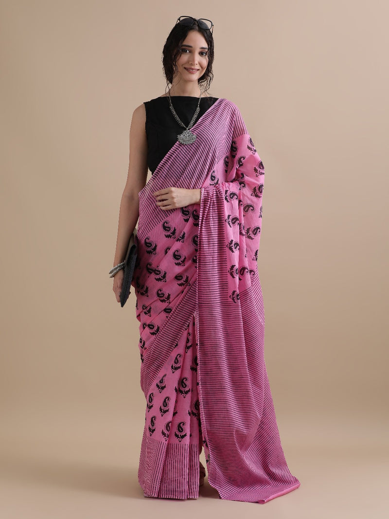 Pink Striped Cotton Saree with Paisley Prints