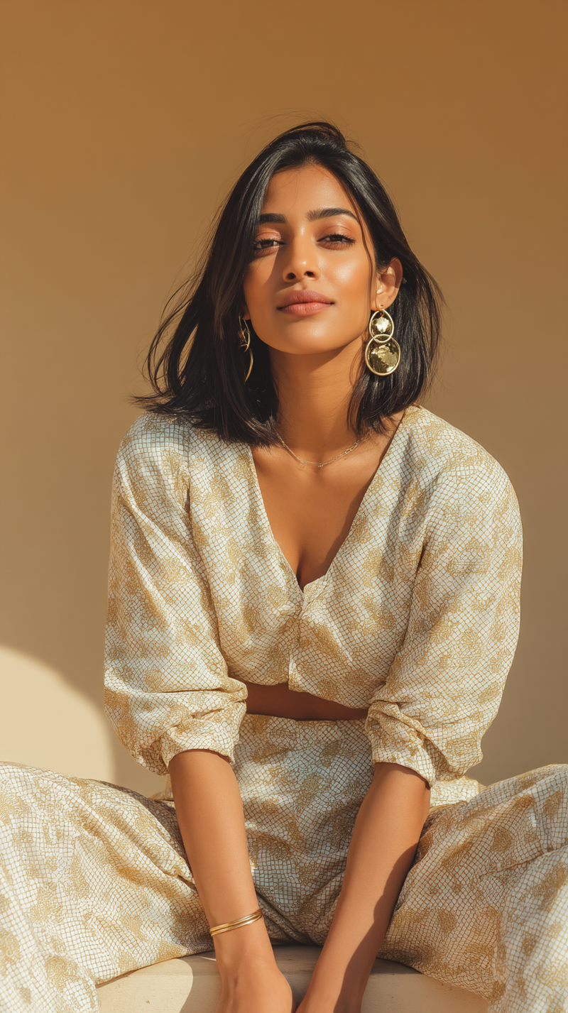 Women's Co-ords - Beige-Gold Checked Cotton Blend