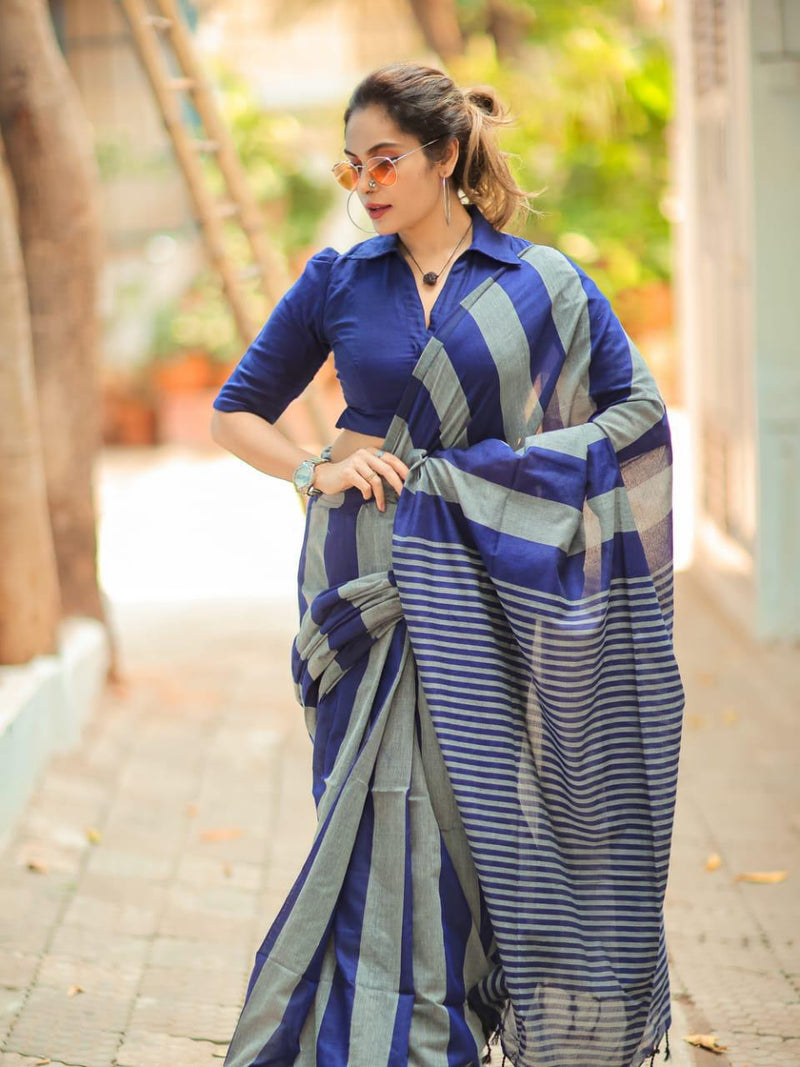 Navy Blue & Grey Striped Handloom Cotton Saree