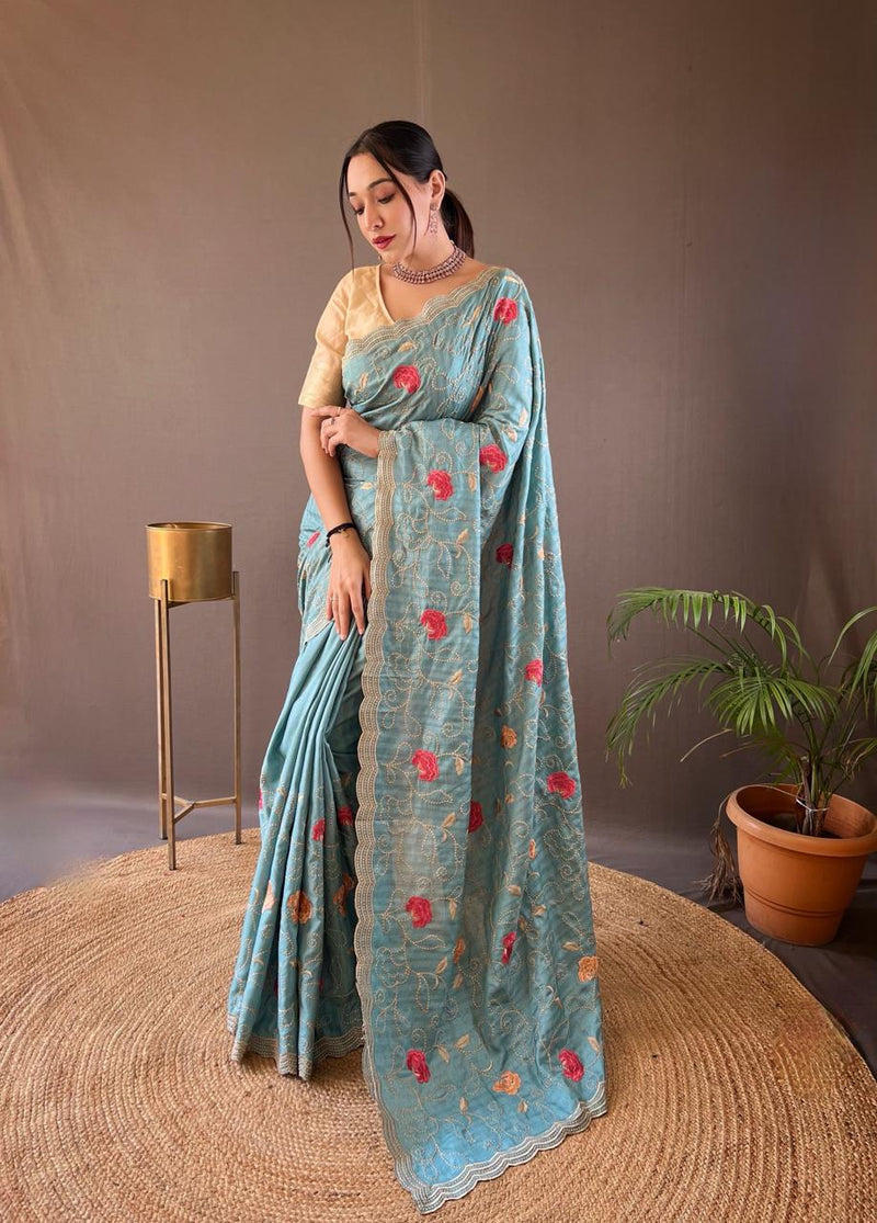 Blue Floral Embroidered Linen Saree with Scalloped Border