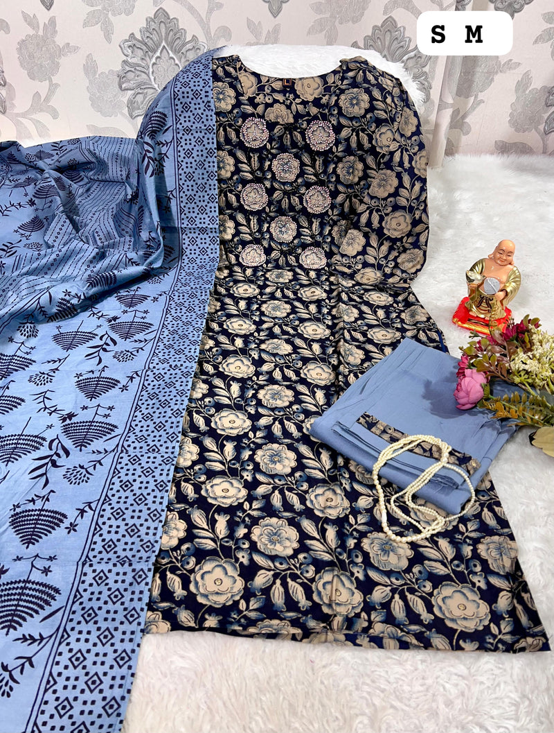 Navy Blue Floral Printed Kurti Set with Sky Blue Cotton Dupatta