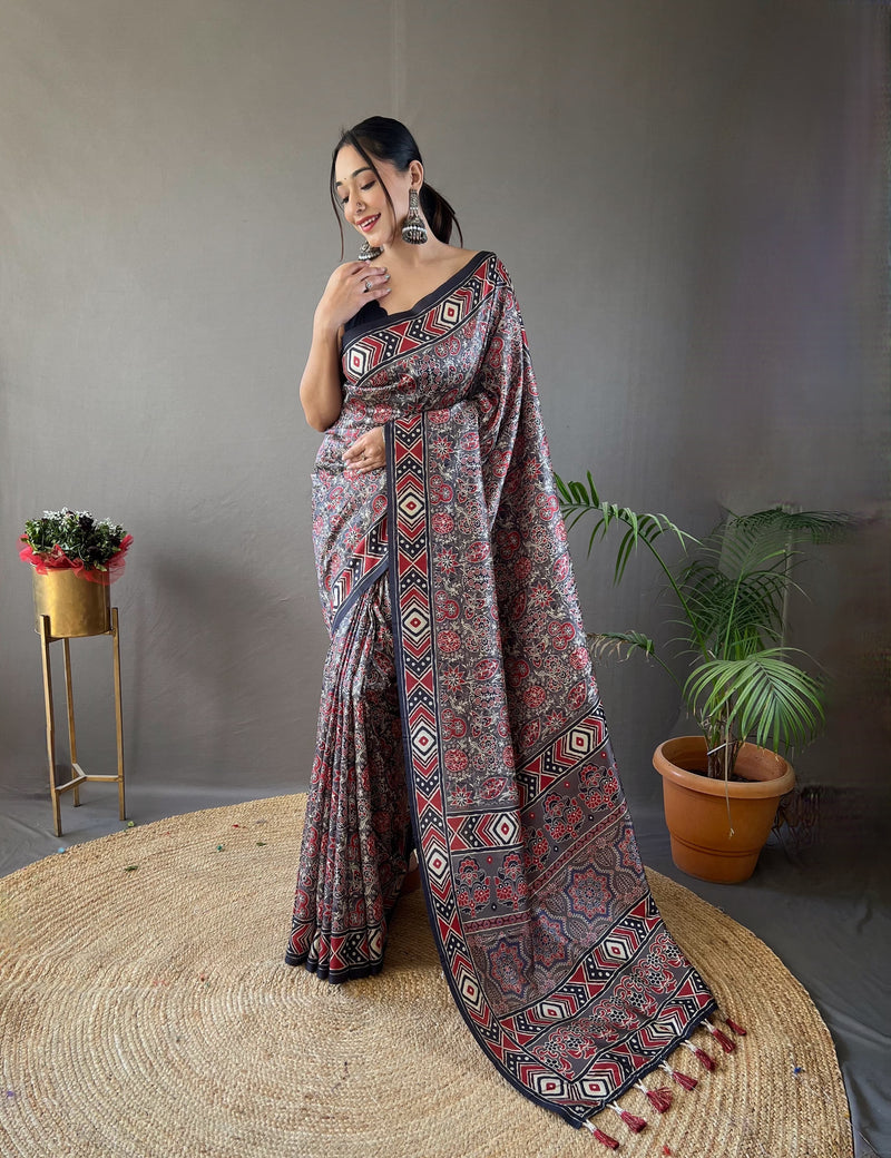 Elegant Black and Maroon Geometric Printed Saree with Tassel Pallu