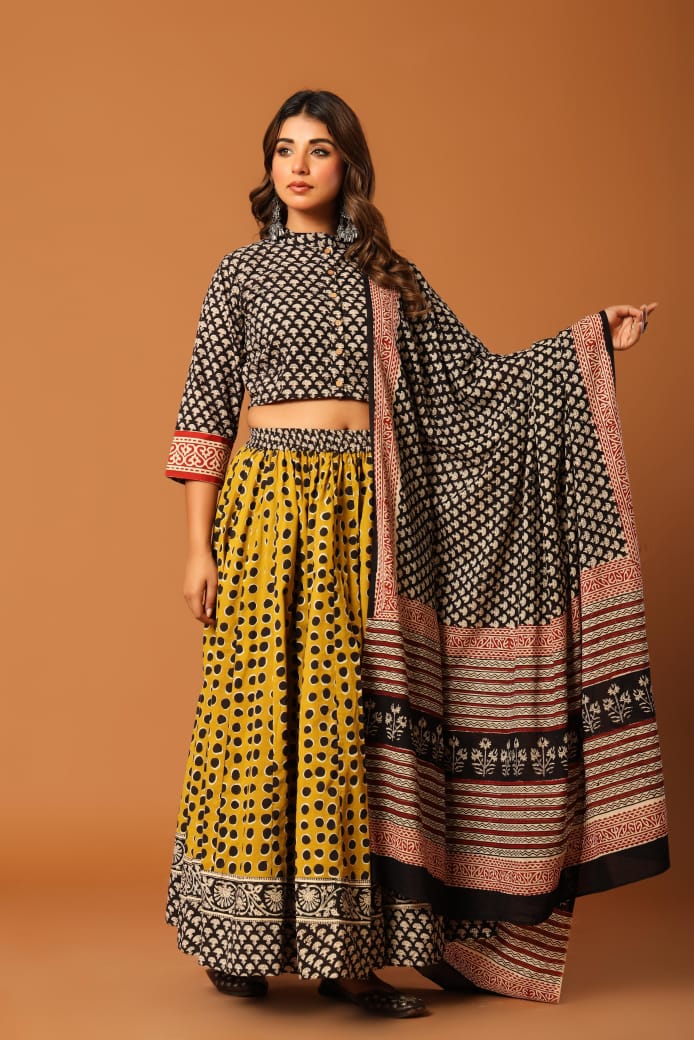 Black & Mustard Hand Block Printed Kurti Skirt Set