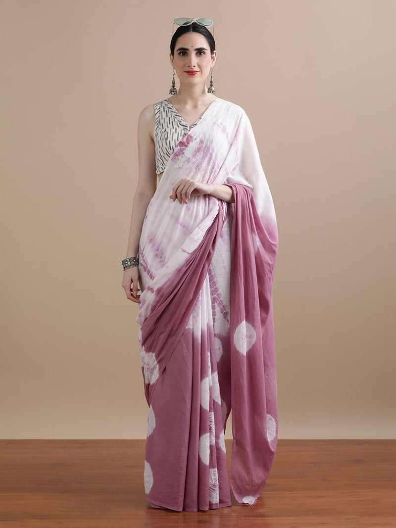 Mauve & White Tie-Dye Cotton Saree – Subtle Elegance Redefined