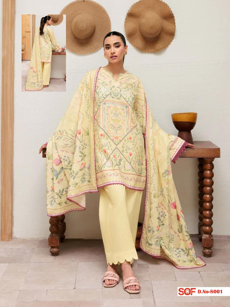 Pastel Yellow Printed Cotton Kurti Set with Floral Motifs & Dupatta