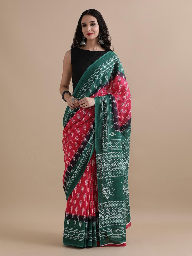 Red & Green Dabu Print Cotton Saree with Floral Motifs