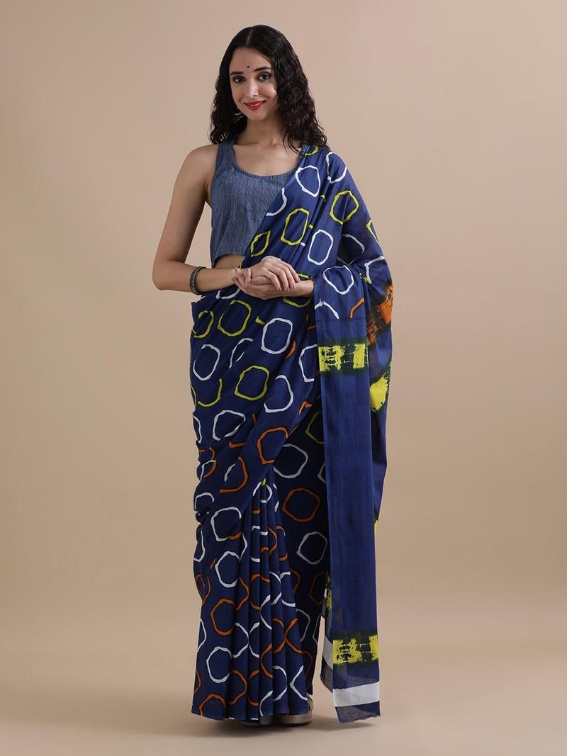 Navy Blue Abstract Print Cotton Saree โ Modern Art in Motion
