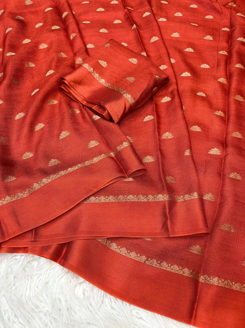 Radiant Rust-Orange Banarasi Silk Saree with Golden Zari Detailing
