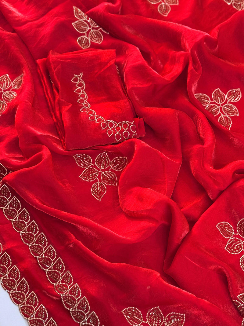 Classic Red Silk Blend Saree with Golden Leaf Border & Motifs