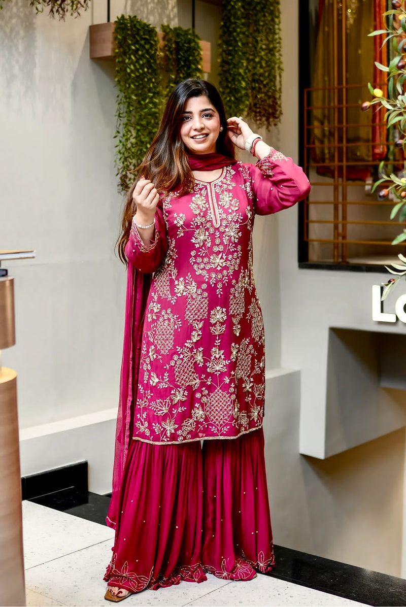 Magenta Embroidered Georgette Sharara Suit with Dupatta