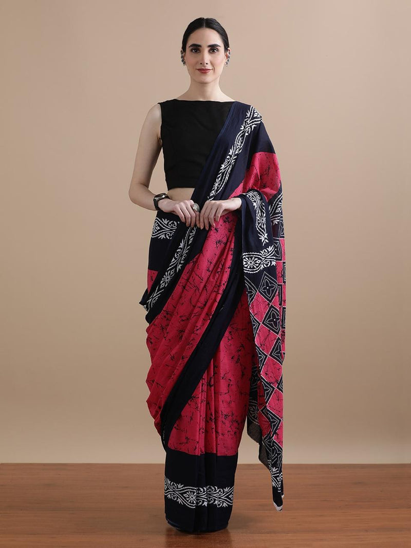 Magenta & Navy Blue Batik Print Cotton Saree โ Artistic Elegance