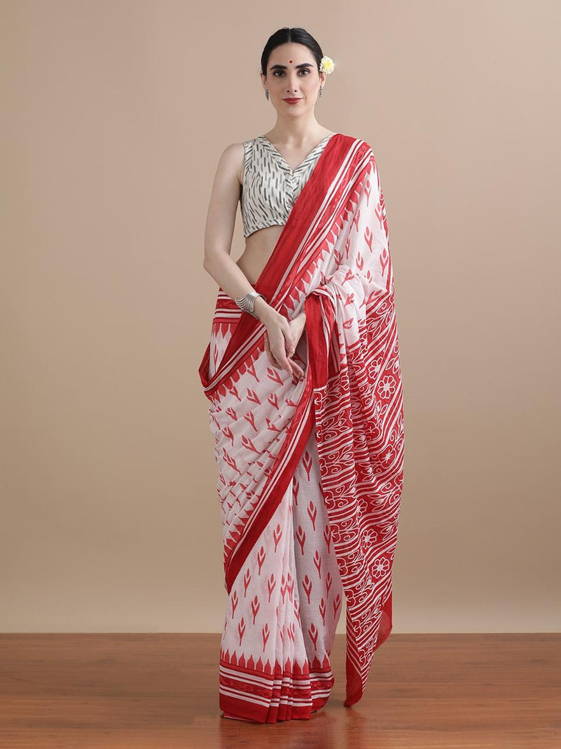White Cotton Saree with Red Hand Block Prints