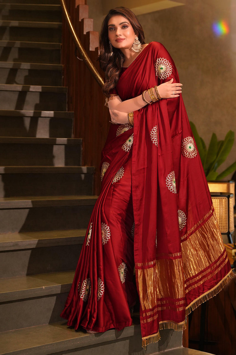 Maroon Silk Saree with Golden Border & Embroidered Motifs