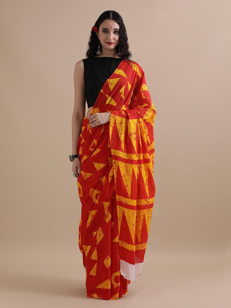 Red & Yellow Geometric Batik Cotton Saree