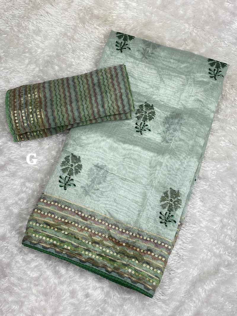 Pastel Green Organza Saree with Sequin Border and Zari Floral Embroidery