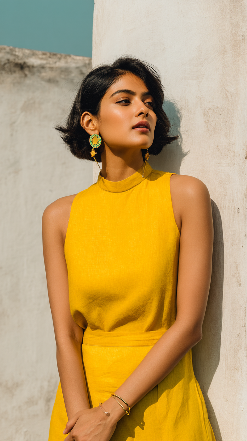 Women's Dress - Mustard Yellow Solid Linen Blend