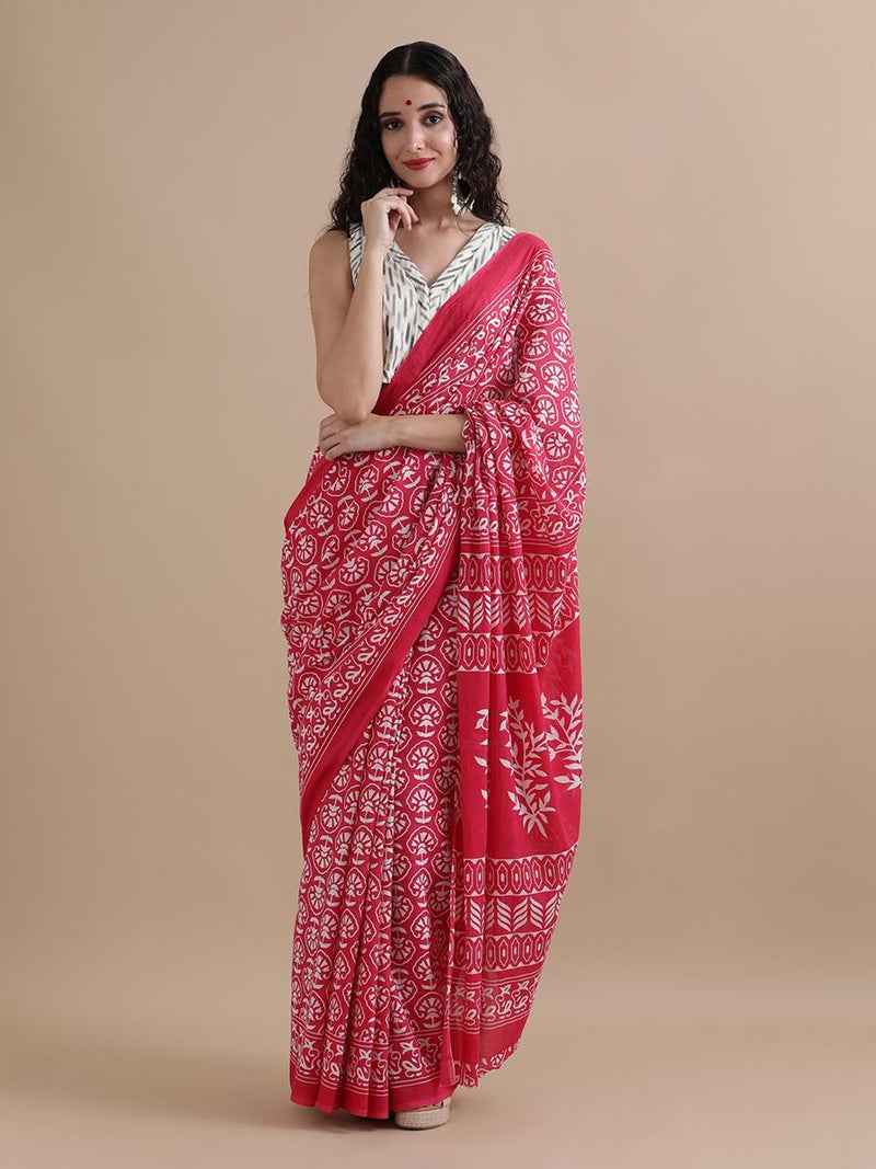 Red Cotton Saree with White Handblock Print