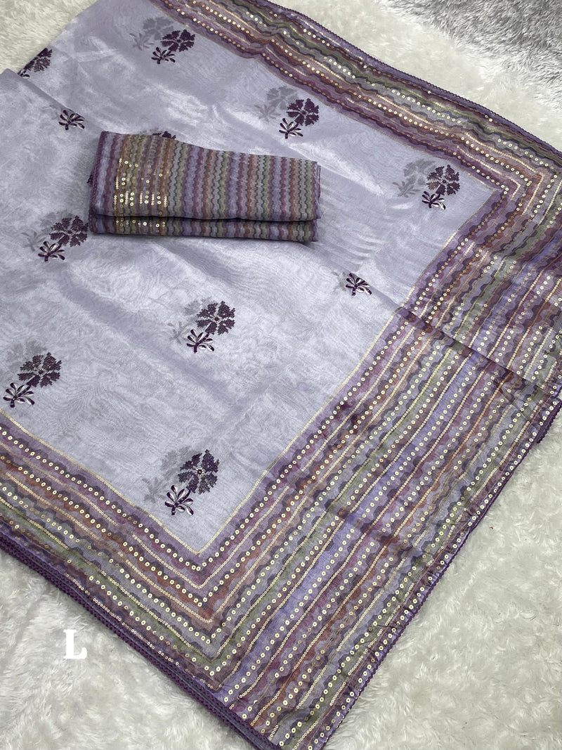 Lavender Organza Saree with Sequin Border and Zari Floral Embroidery