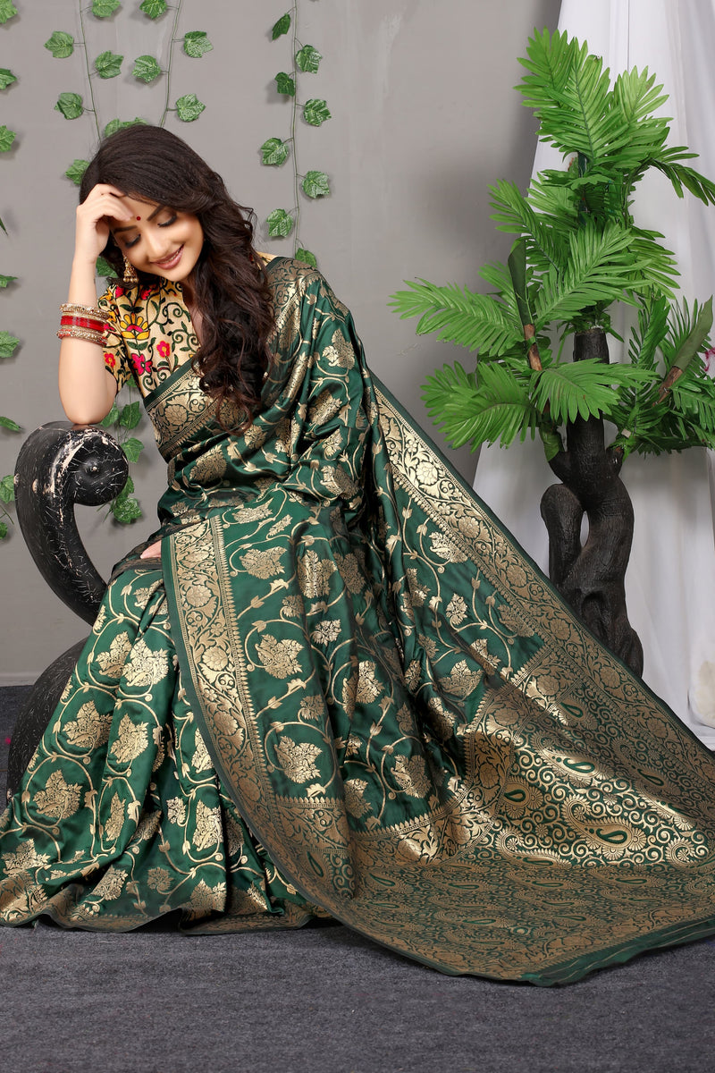 Emerald Green Banarasi Silk Saree with Grand Golden Zari Weaving