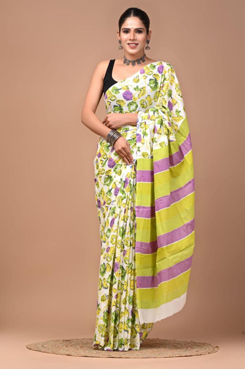 White Floral Print Cotton Saree with Lime & Lilac Border