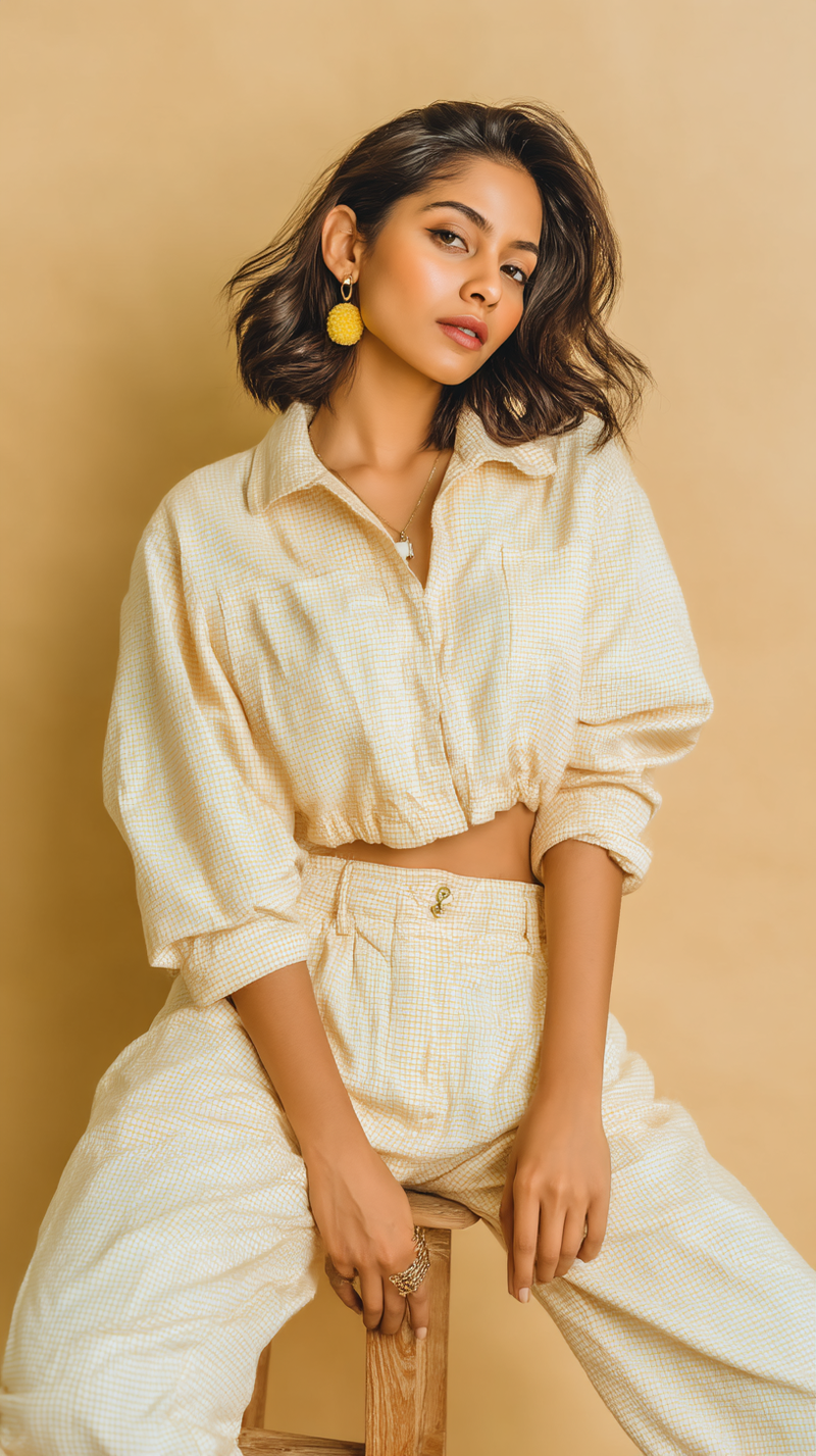Women's Co-ords - Pale Yellow Checked Cotton Blend